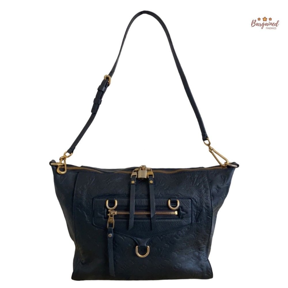 Authentic LOUIS VUITTON Dark Blue Monogram Empreinte Leather Bastille MM Tote